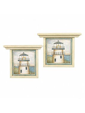 Set of 2 Dianne Lotter Lighthouse Wall Plaques Coastal Seascape Framed Shelf Led